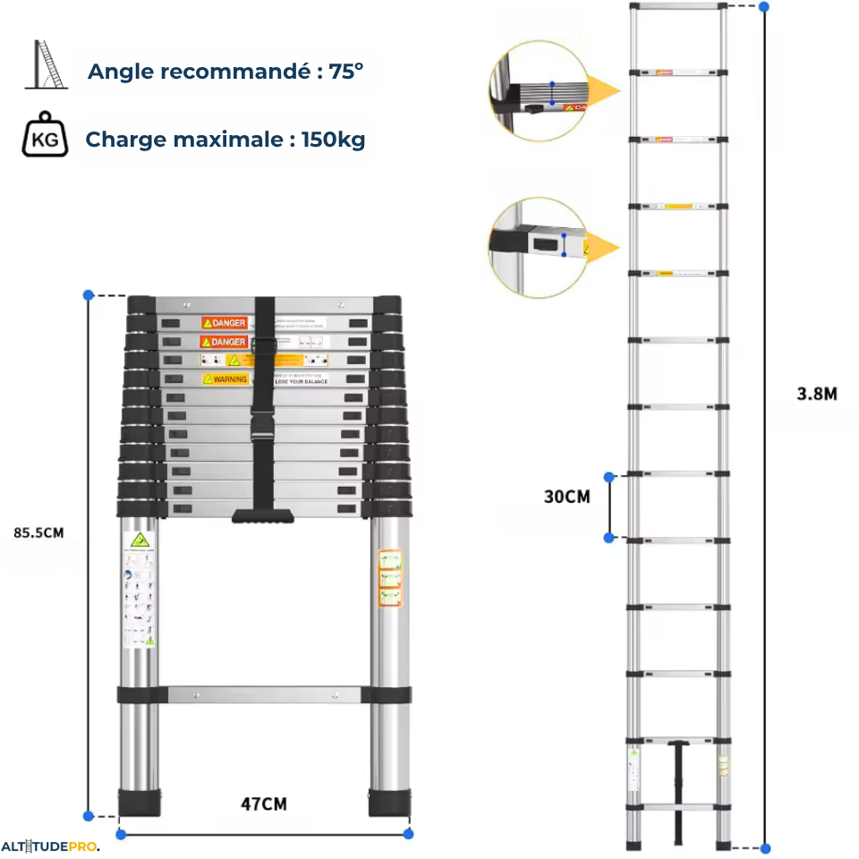 Échelle Télescopique 3,8 m en Acier Inoxydable