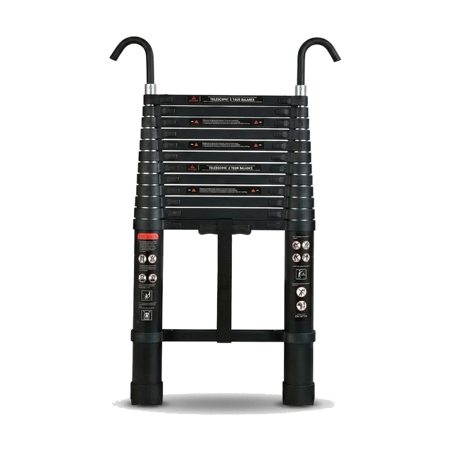 Échelle Télescopique 3,8 m Aluminium Noir avec Crochets de Toit